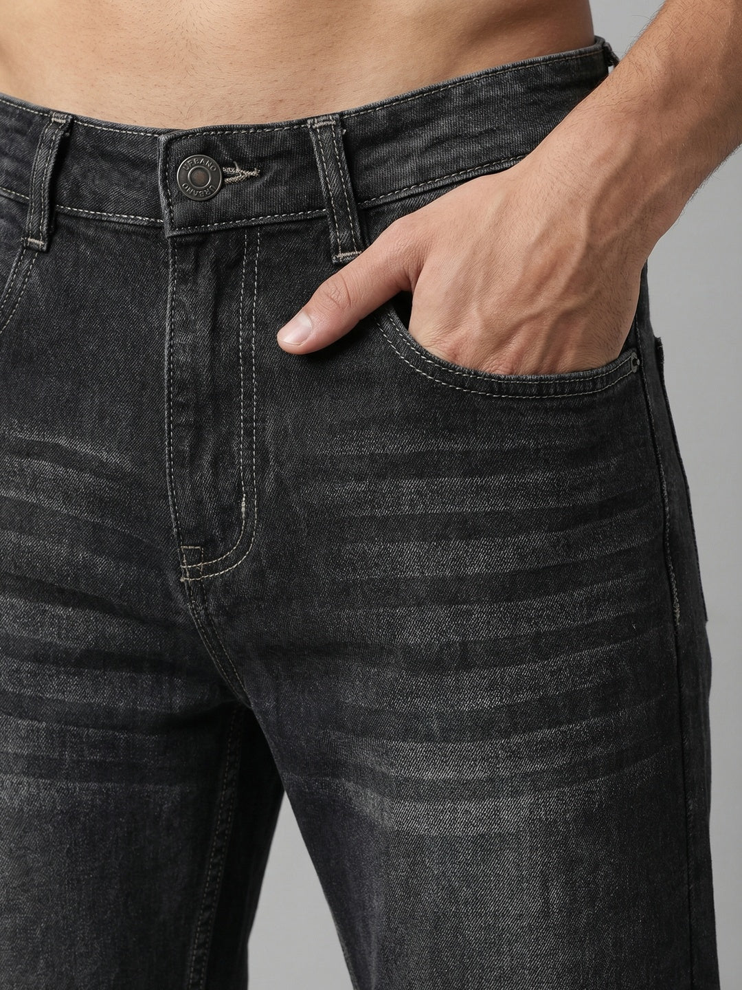Men's Dark Grey Relaxed Fit Washed Denim Jeans Non-Stretchable