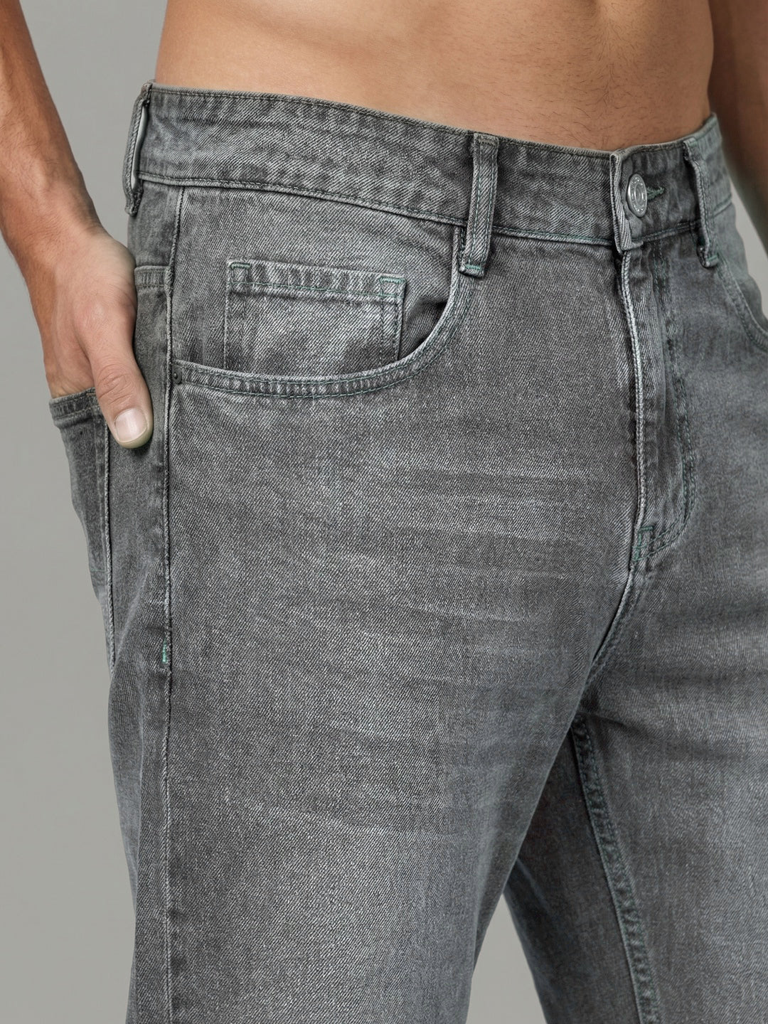 Men's Light Grey Relaxed Fit Washed Denim Jeans Non-Stretchable