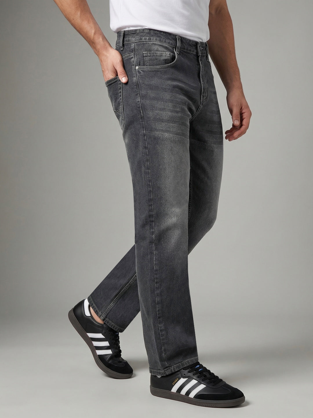 Men's Grey Relaxed Fit Washed Denim Jeans Non-Stretchable