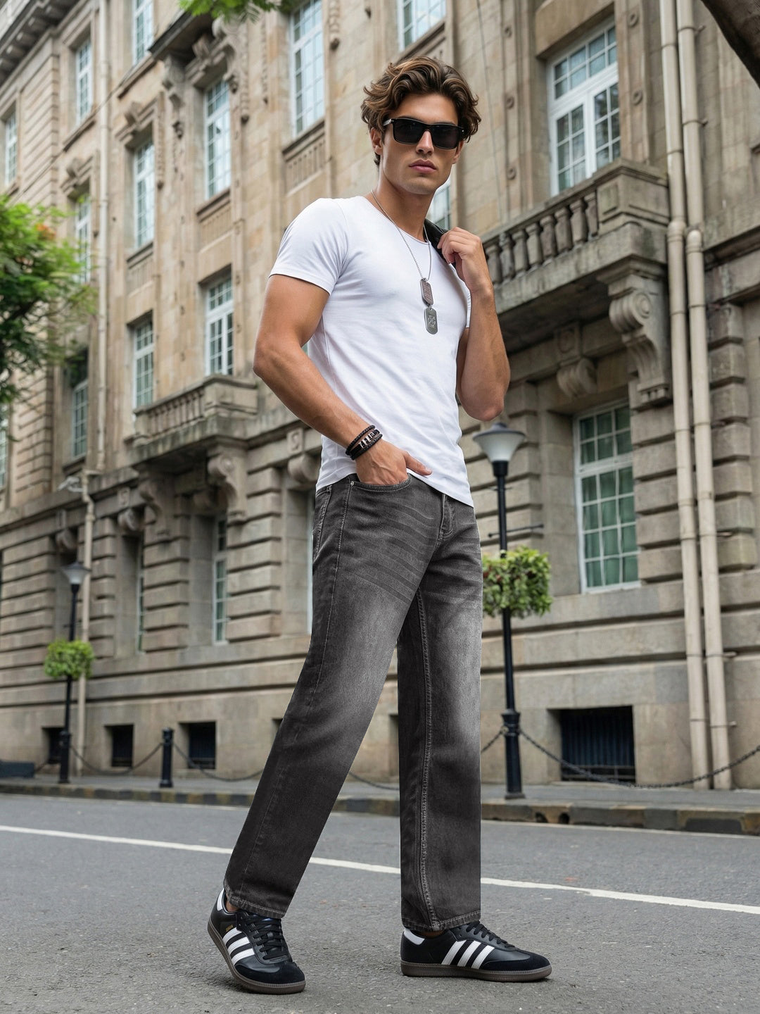 Men's Grey Relaxed Fit Washed Denim Jeans Non-Stretchable