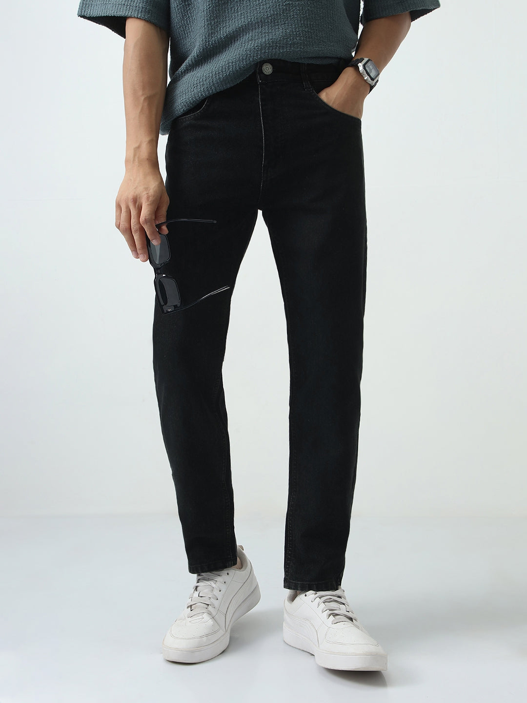 Men's Black Slim Fit Washed Denim Jeans Stretchable