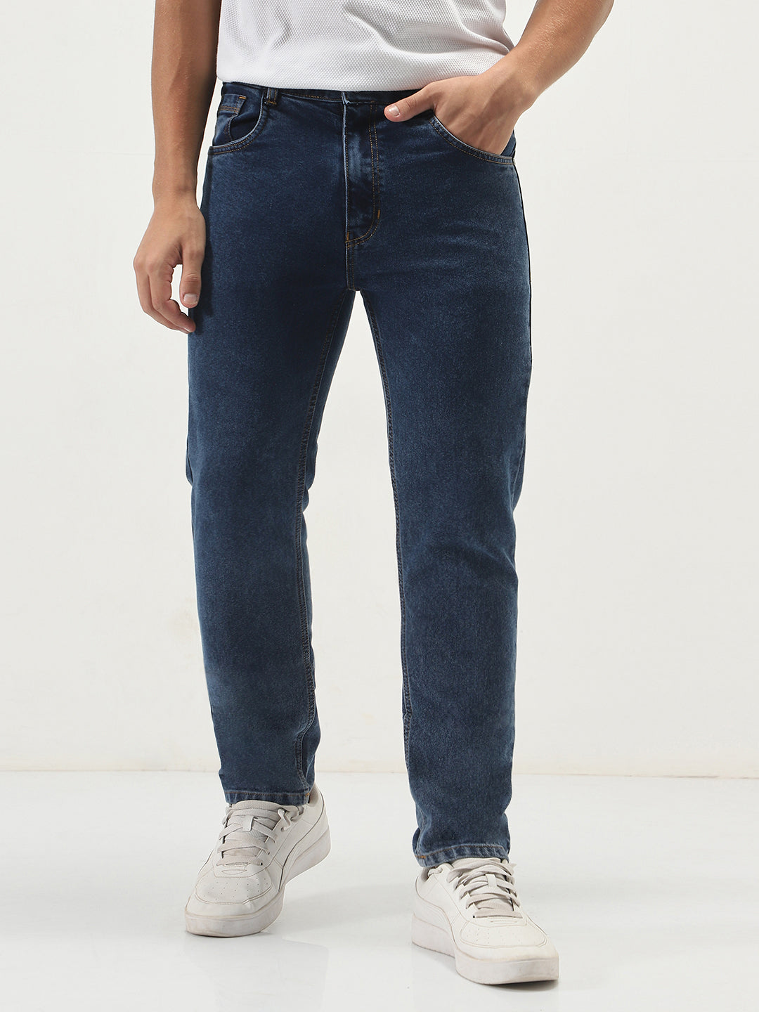 Men's Dark Blue Slim Fit Washed Denim Jeans Stretchable