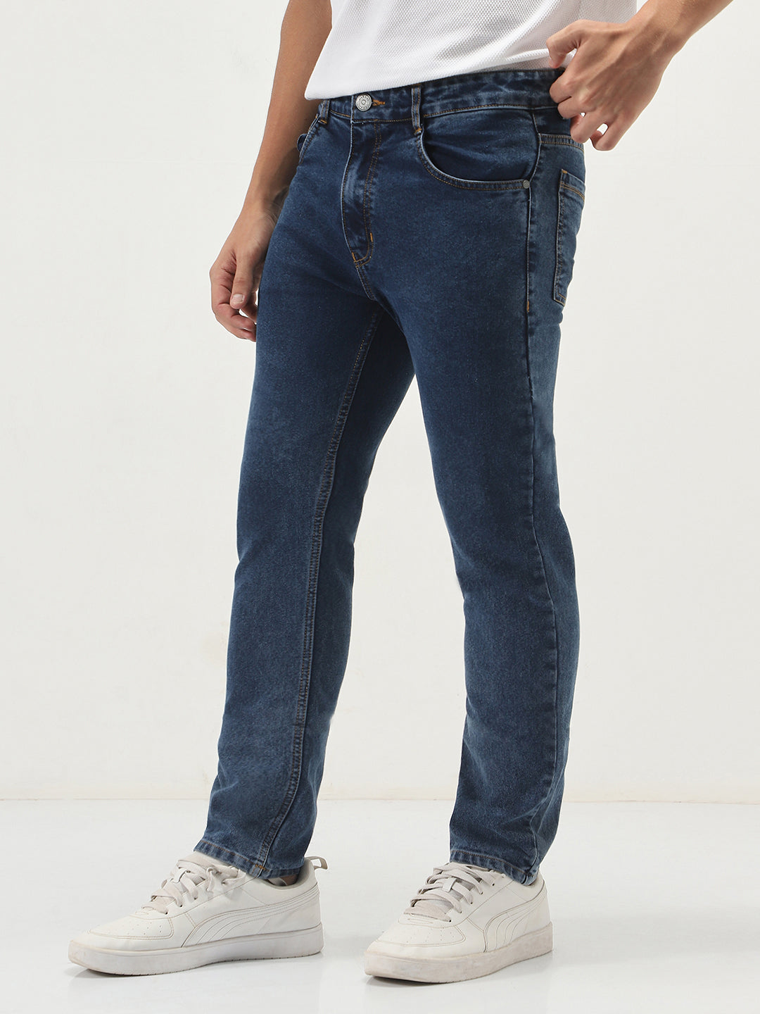 Men's Dark Blue Slim Fit Washed Denim Jeans Stretchable
