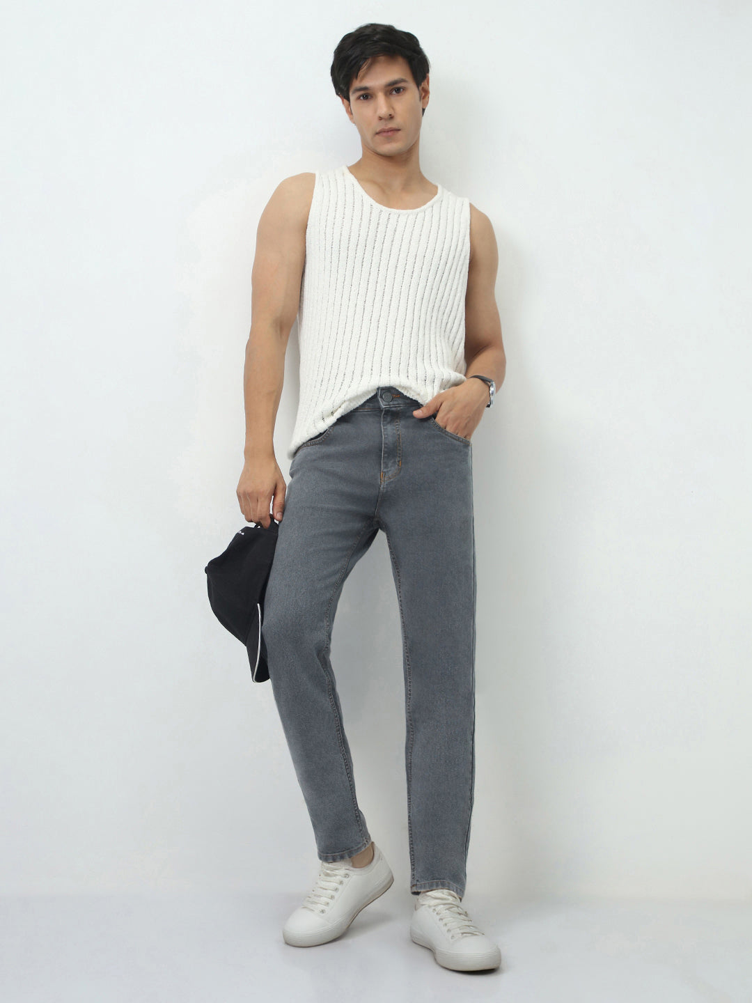 Men's Grey Slim Fit Washed Denim Jeans Stretchable