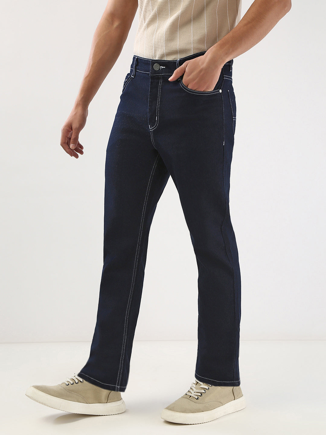 Men's Dark Blue Straight Fit Washed Jeans Stretchable