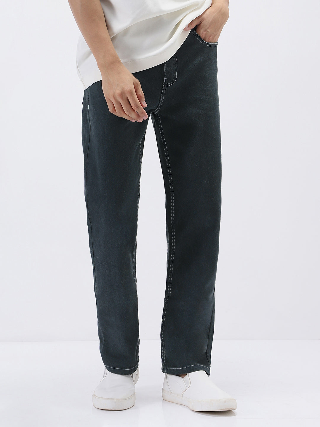 Men's Dark Grey Straight Fit Washed Jeans Stretchable