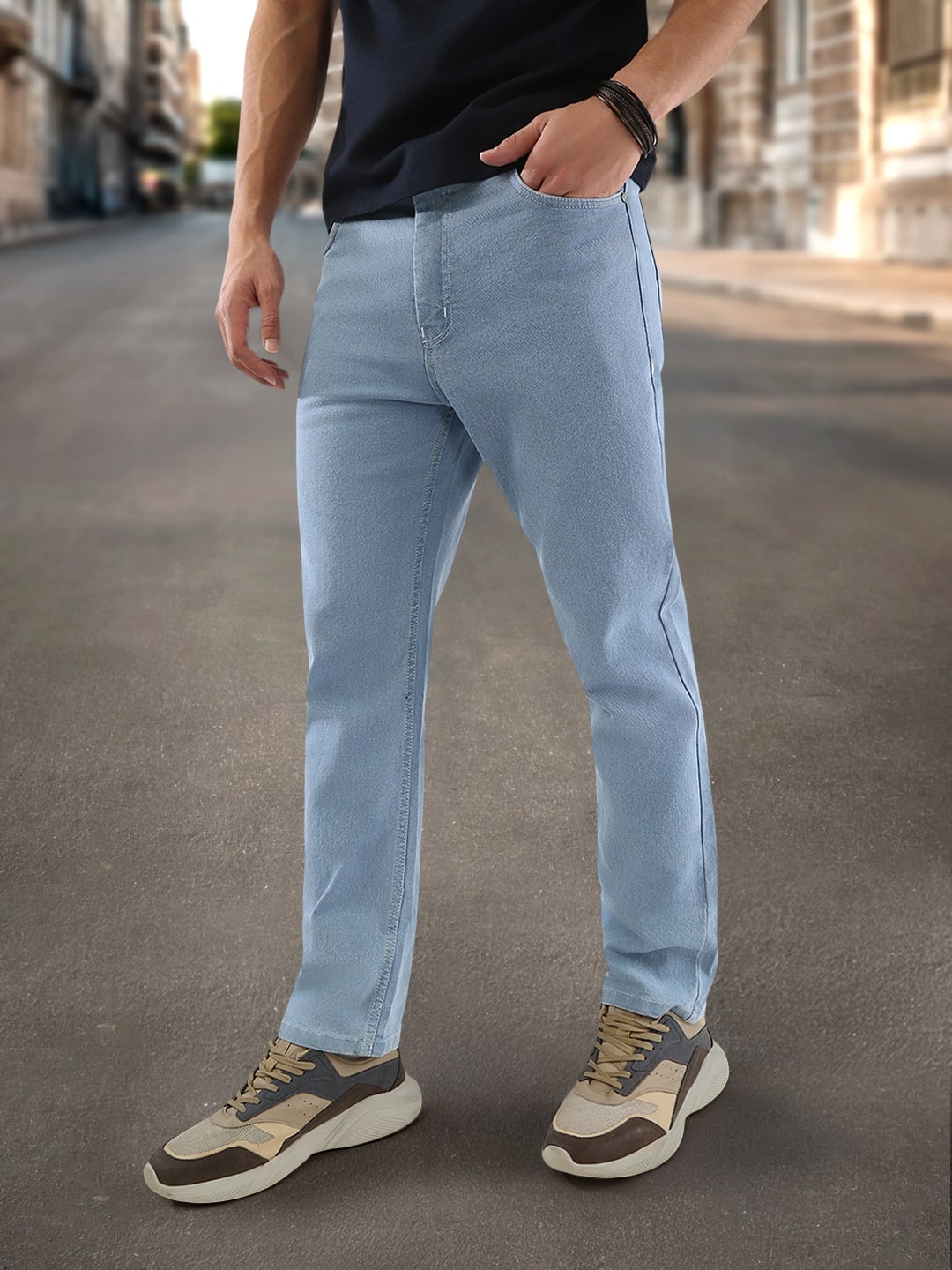 Men's Ice Blue Straight Fit Washed Jeans Stretchable