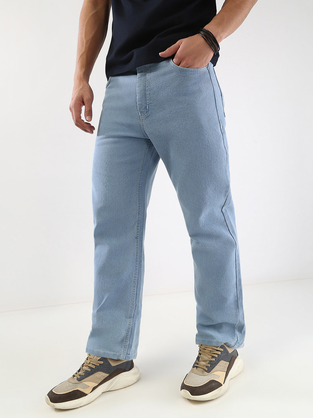 Men's Ice Blue Straight Fit Washed Jeans Stretchable