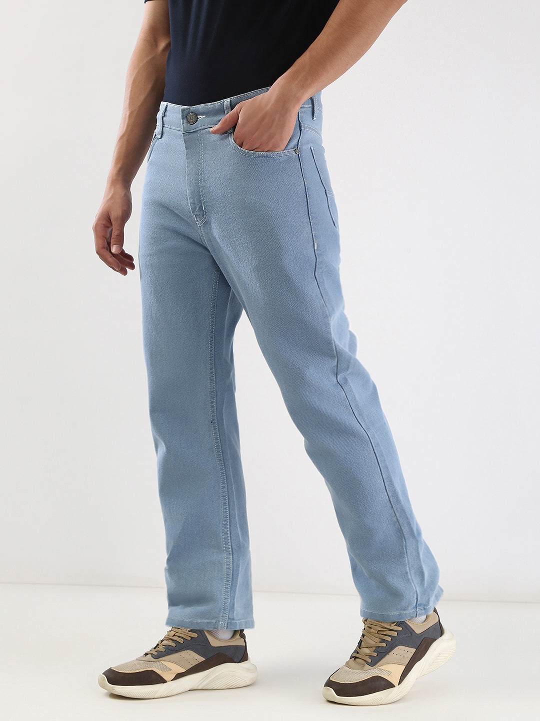 Men's Ice Blue Straight Fit Washed Jeans Stretchable