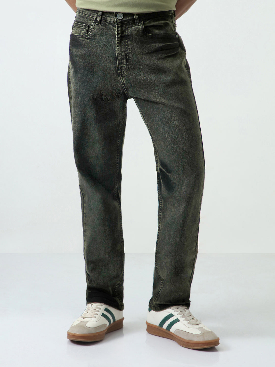 Men's Black Straight Fit Heavy Washed Jeans Stretchable