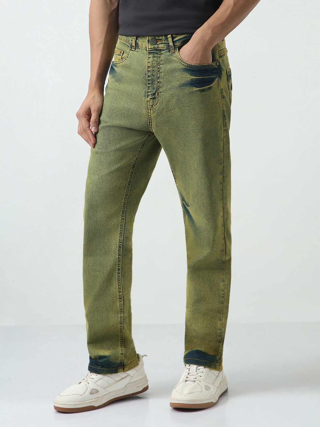 Men's Ice Blue Straight Fit Heavy Washed Jeans Stretchable