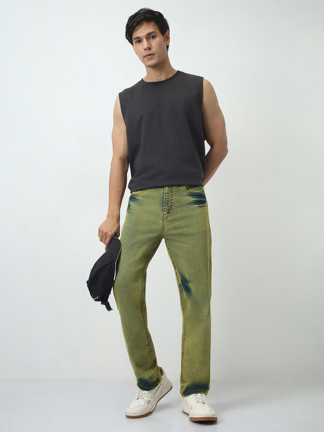 Men's Ice Blue Straight Fit Heavy Washed Jeans Stretchable