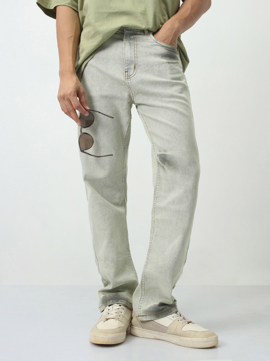 Men's Ice Grey Straight Fit Heavy Washed Jeans Stretchable