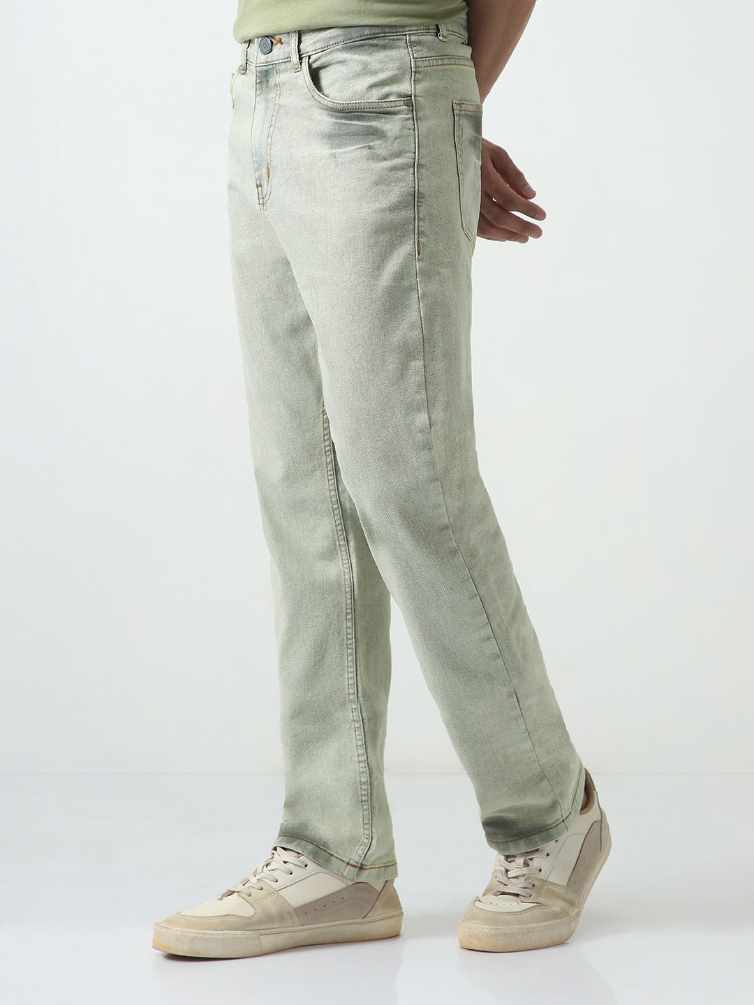 Men's Ice Grey Straight Fit Heavy Washed Jeans Stretchable