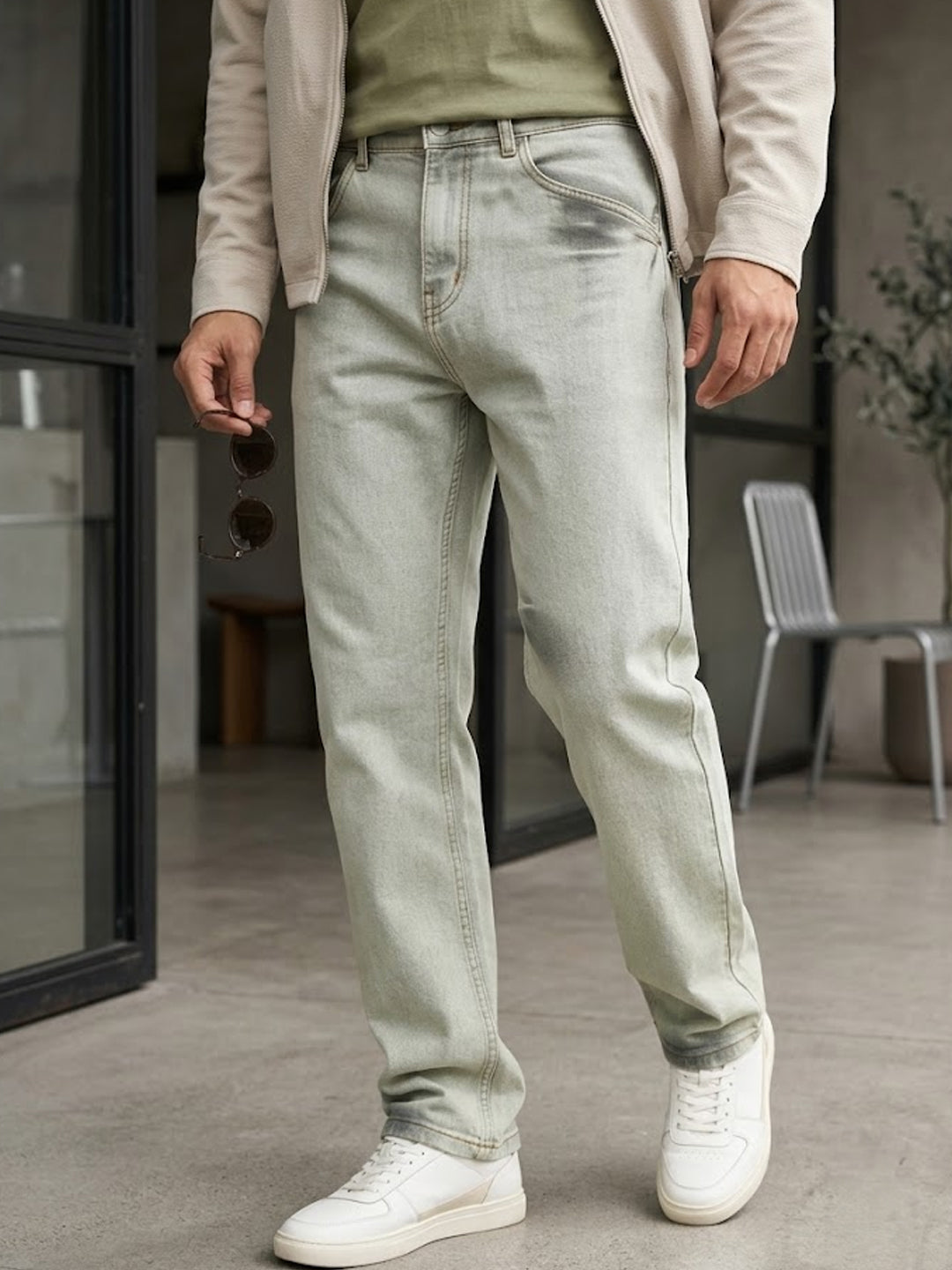 Men's Ice Grey Straight Fit Heavy Washed Jeans Stretchable