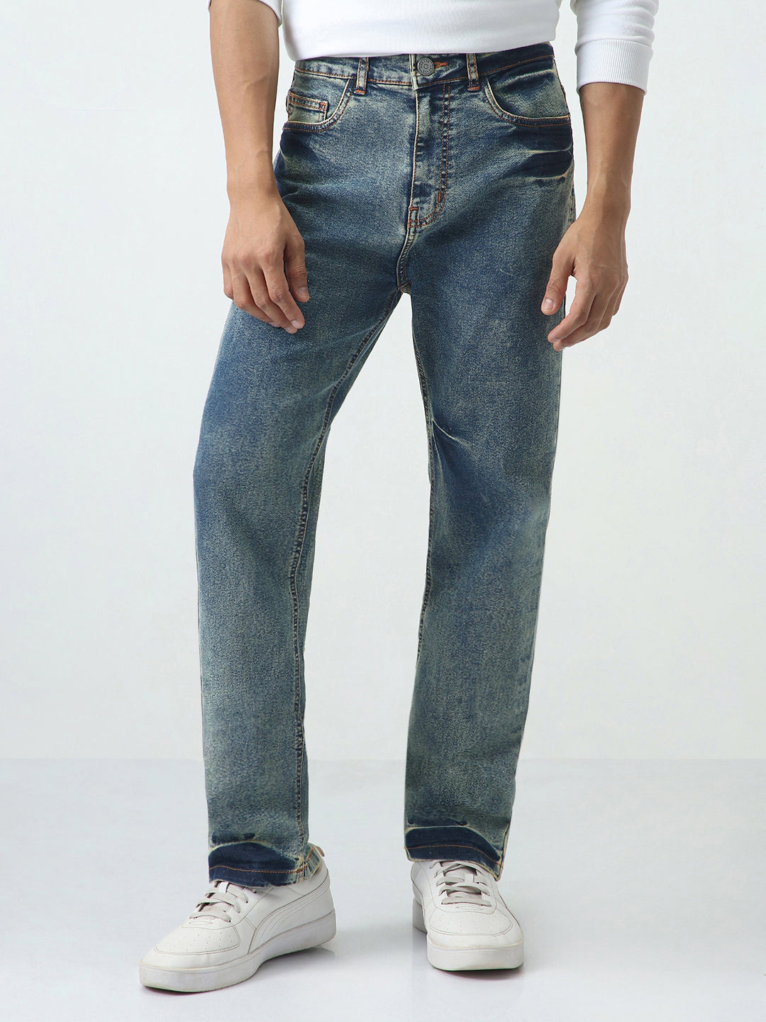 Men's Light Blue Straight Fit Heavy Washed Jeans Stretchable