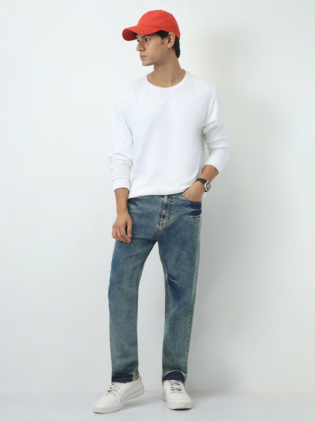 Men's Light Blue Straight Fit Heavy Washed Jeans Stretchable