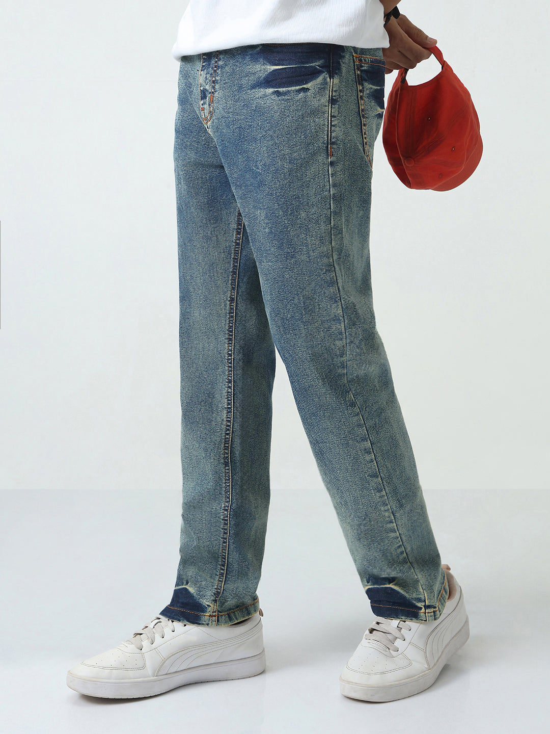 Men's Light Blue Straight Fit Heavy Washed Jeans Stretchable