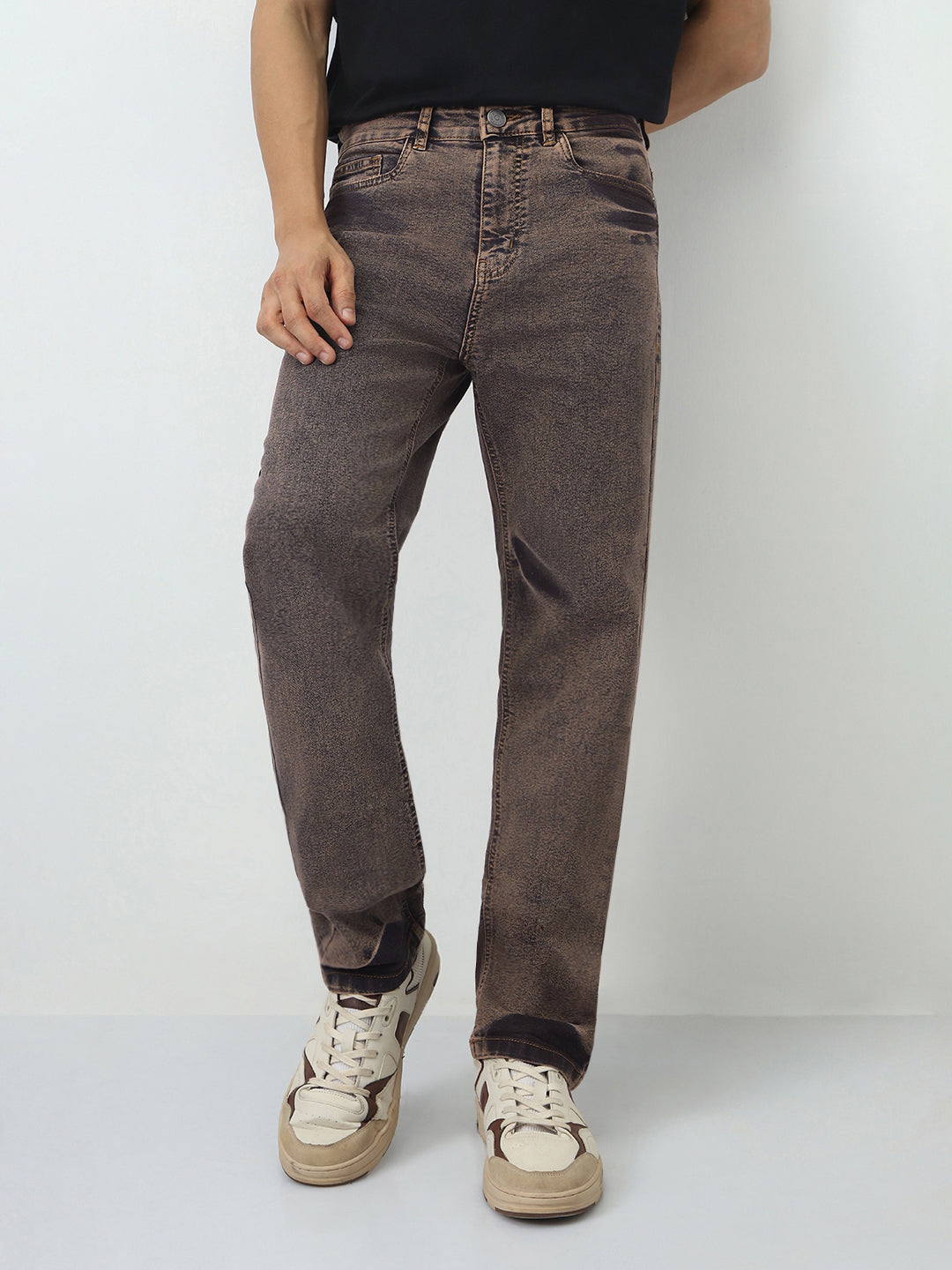 Men's Light Brown Straight Fit Heavy Washed Jeans Stretchable