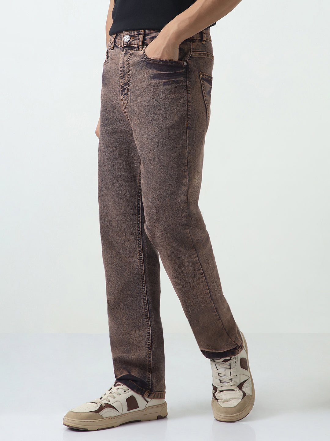 Men's Light Brown Straight Fit Heavy Washed Jeans Stretchable