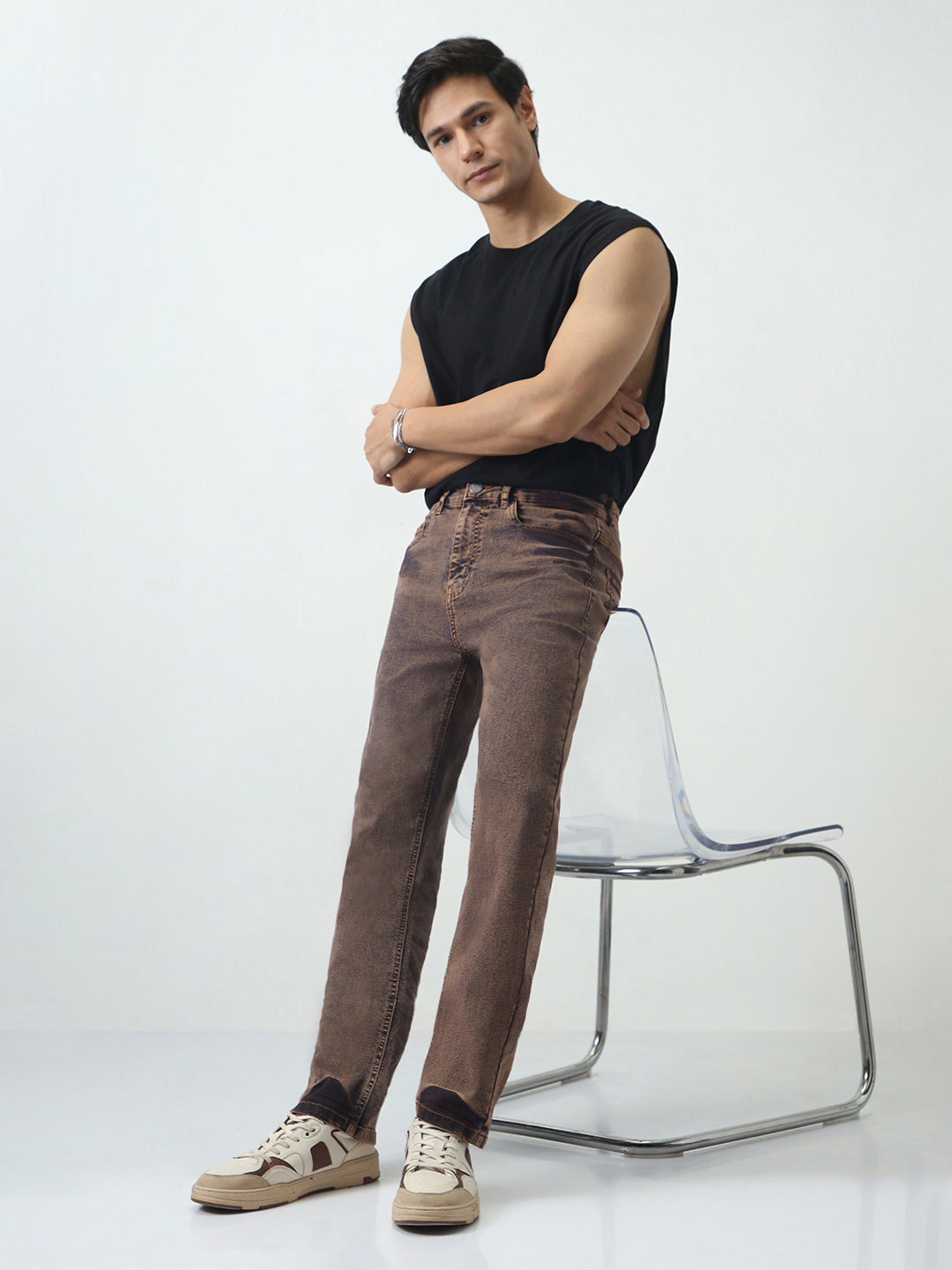 Men's Light Brown Straight Fit Heavy Washed Jeans Stretchable