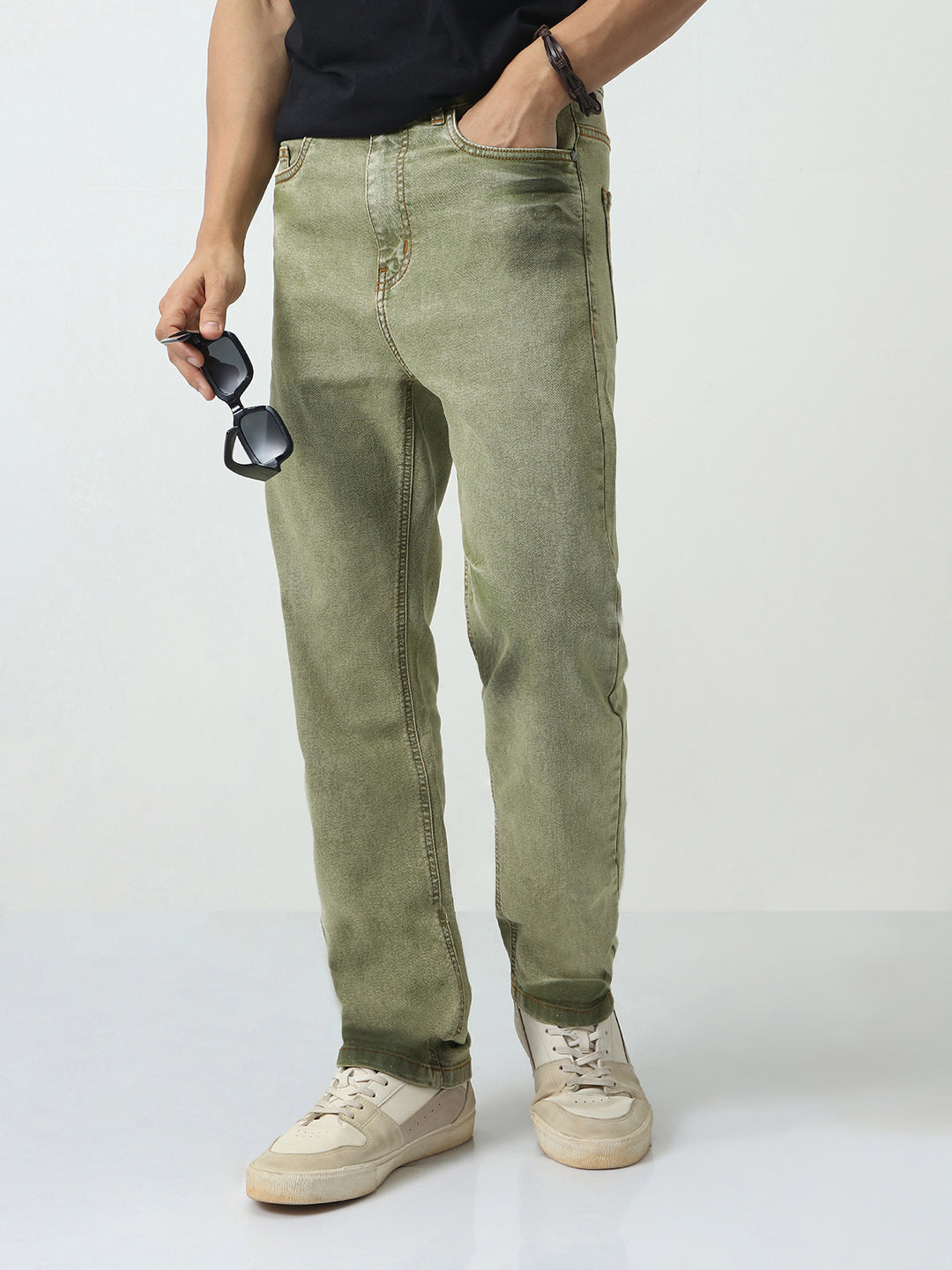 Men's Light Green Straight Fit Heavy Washed Jeans Stretchable