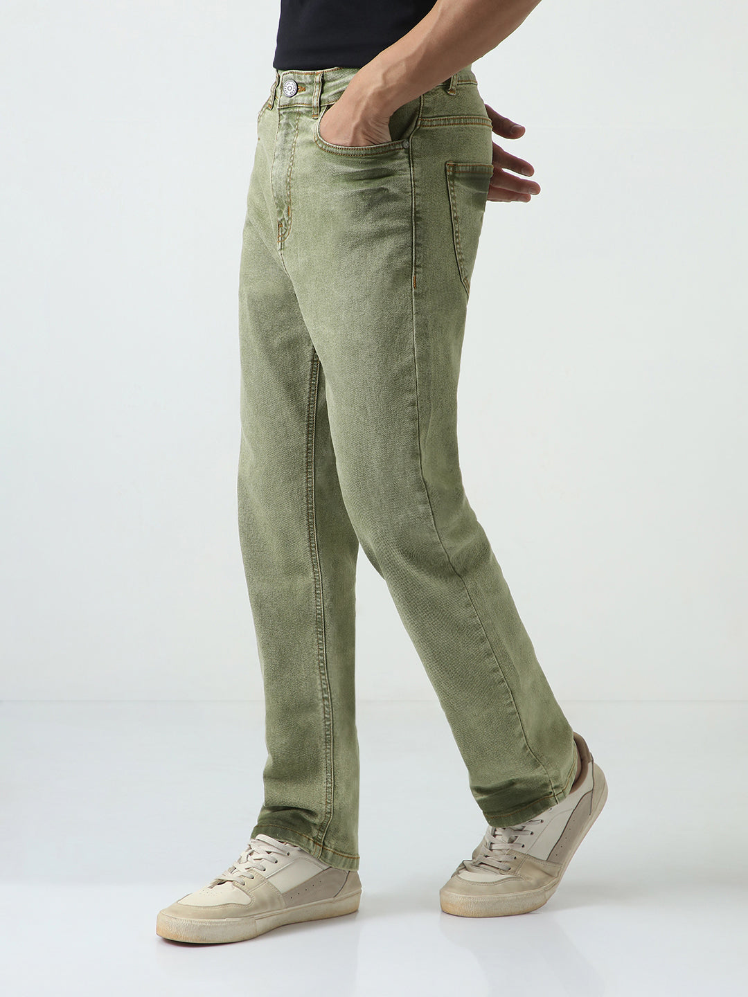Men's Light Green Straight Fit Heavy Washed Jeans Stretchable