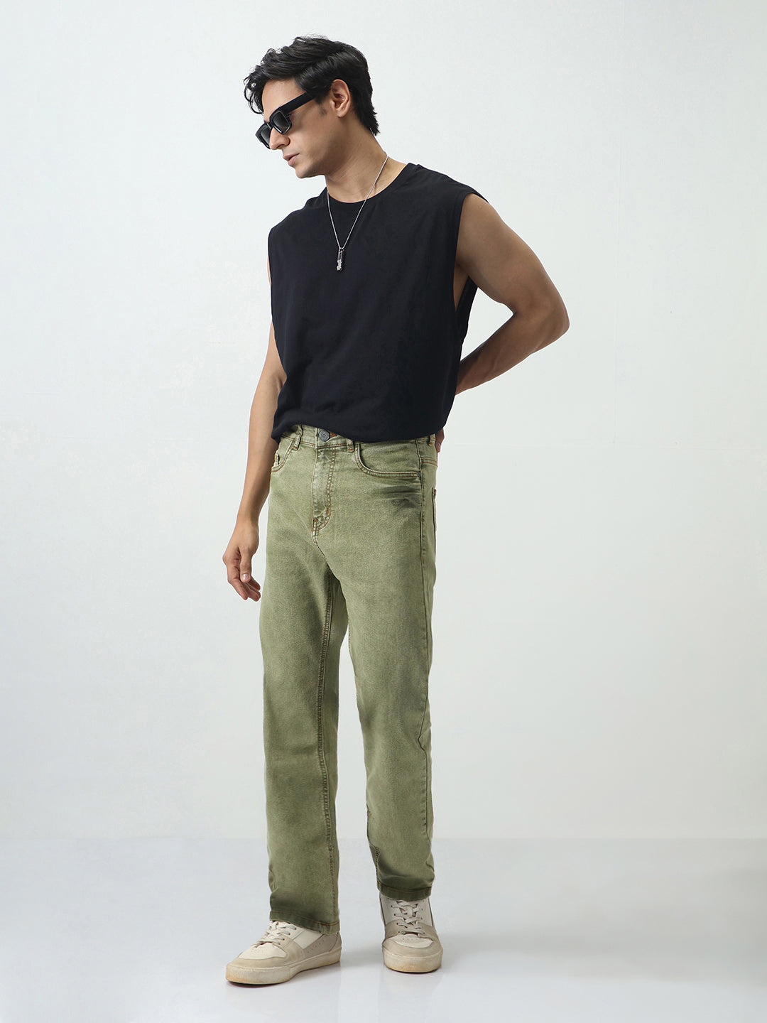 Men's Light Green Straight Fit Heavy Washed Jeans Stretchable