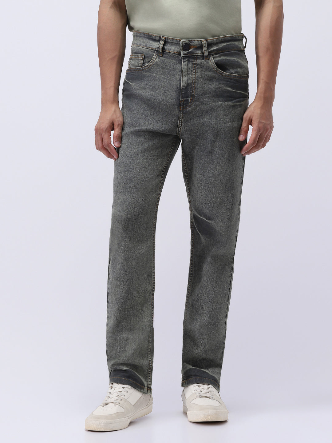 Men's Light Grey Straight Fit Heavy Washed Jeans Stretchable