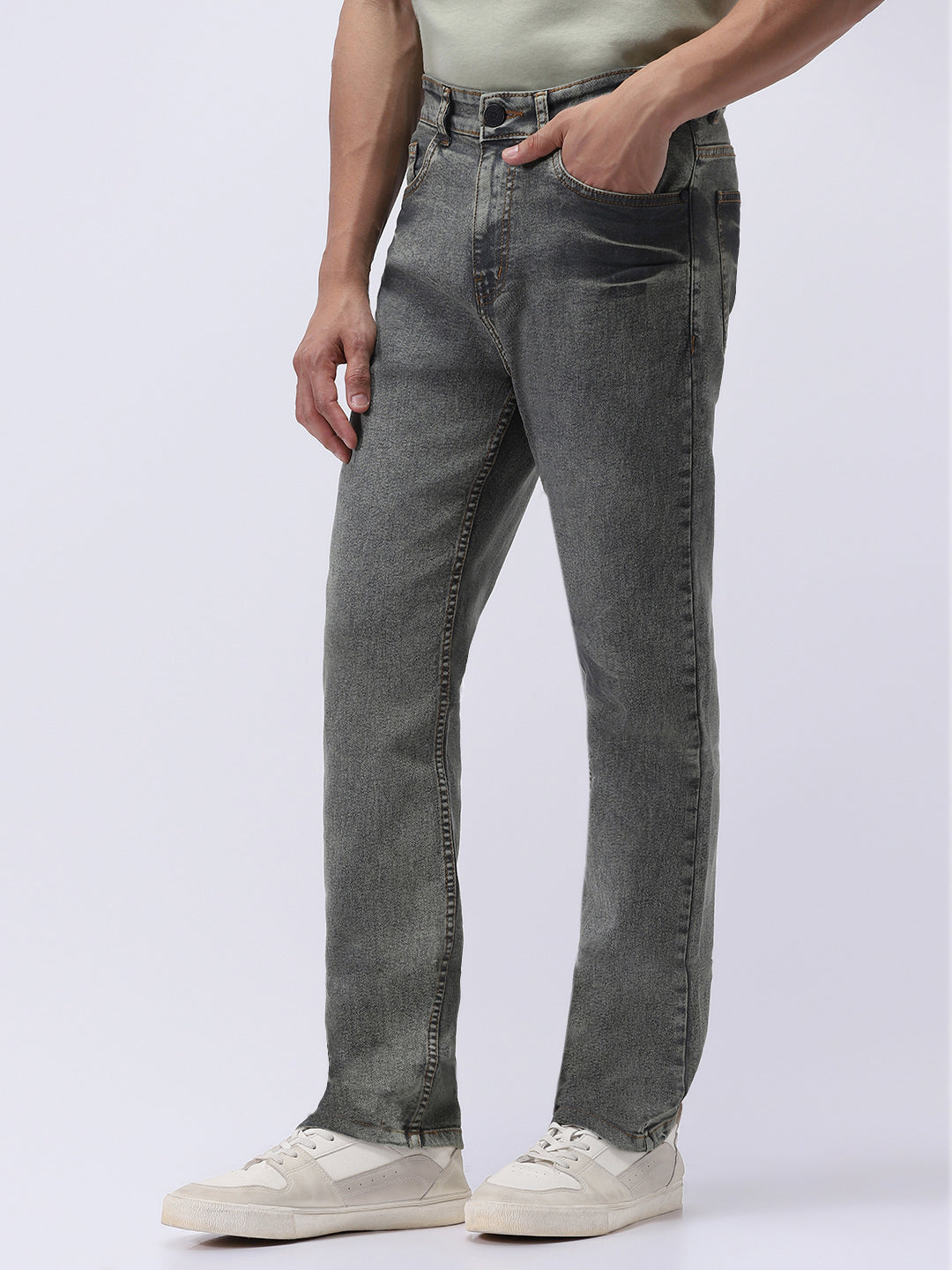 Men's Light Grey Straight Fit Heavy Washed Jeans Stretchable