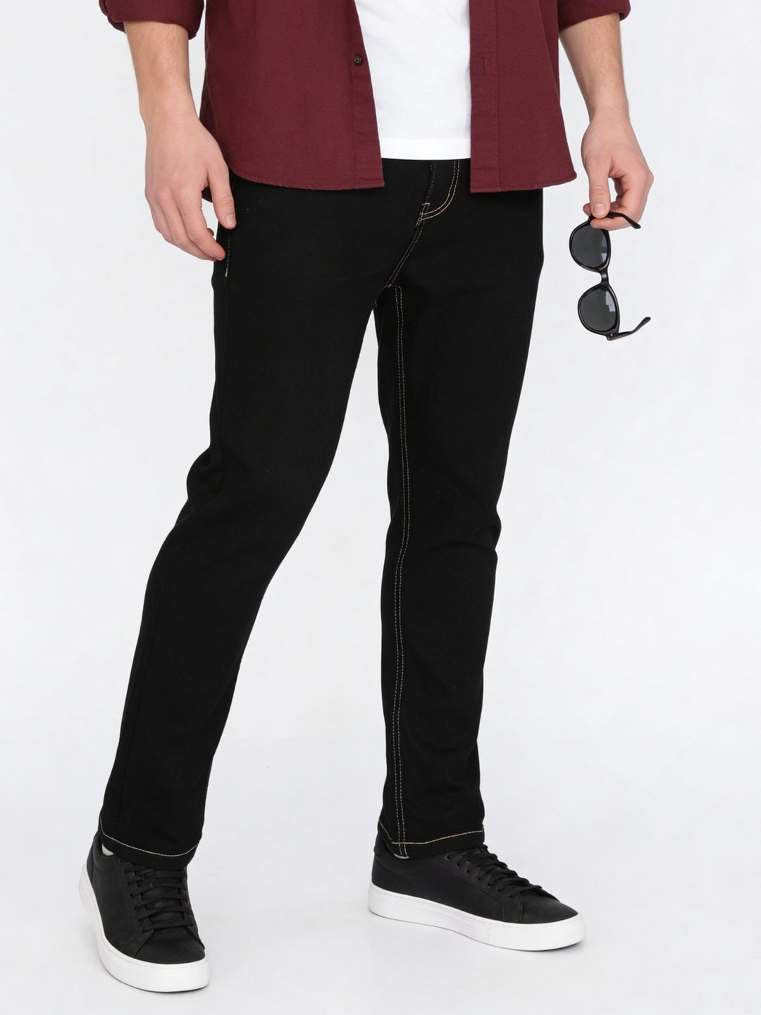 Men's Black Straight Fit Raw Washed Denim Jeans Stretchable