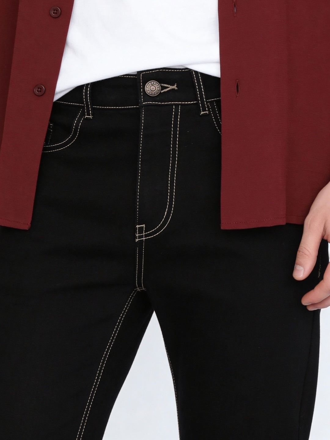 Men's Black Straight Fit Raw Washed Denim Jeans Stretchable