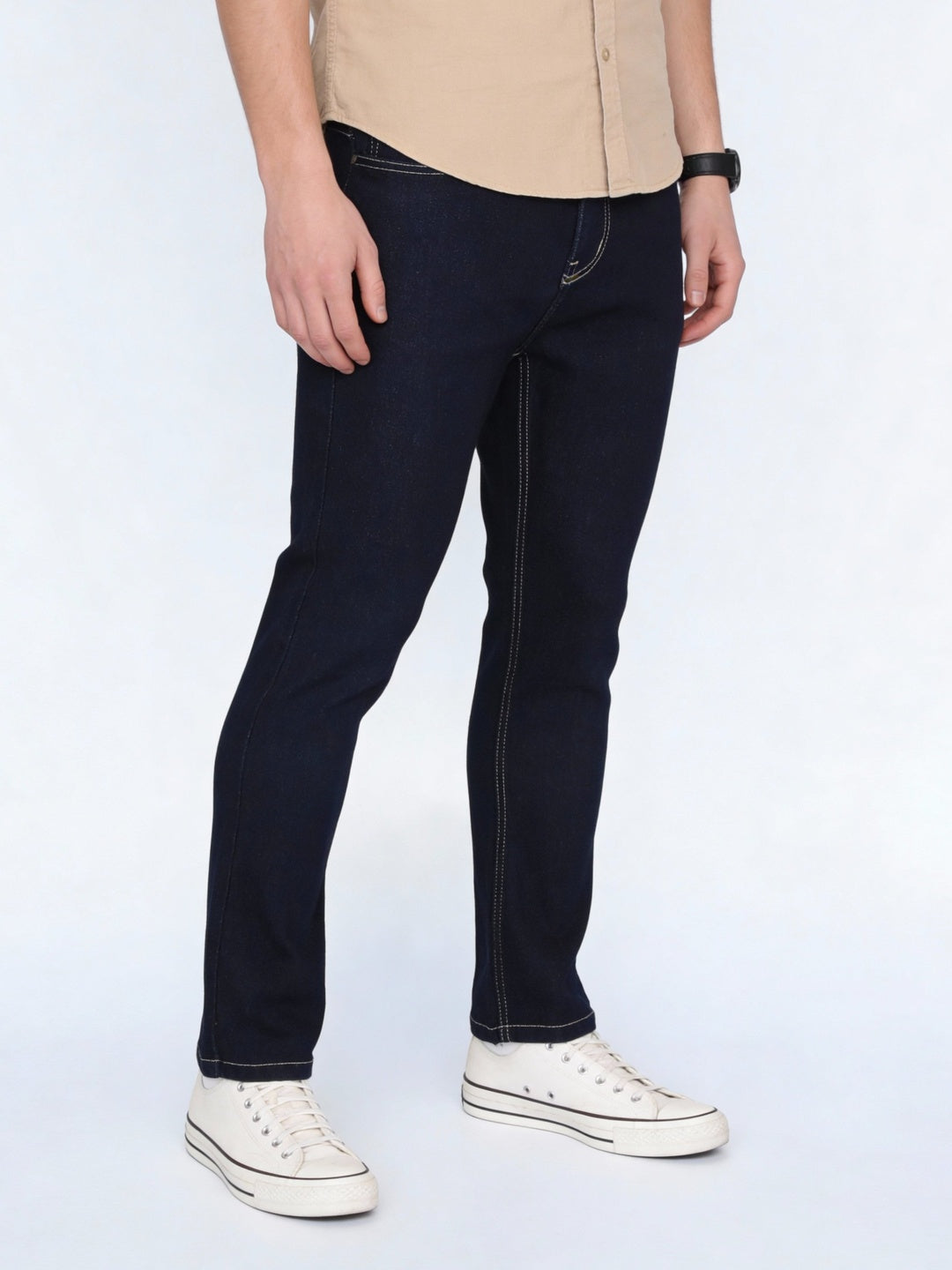 Men's Dark Blue Straight Fit Raw Washed Denim Jeans Stretchable