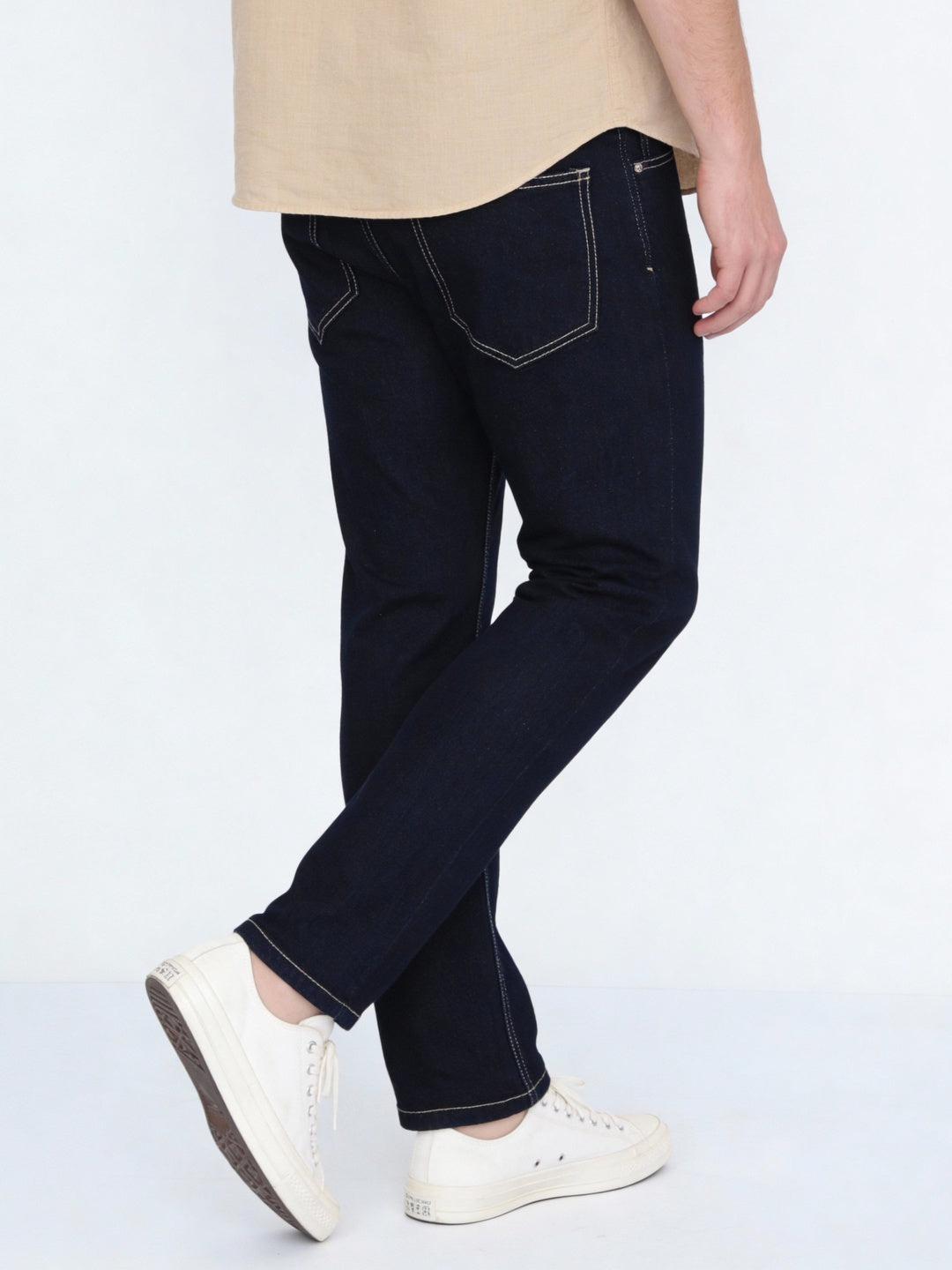 Men's Dark Blue Straight Fit Raw Washed Denim Jeans Stretchable