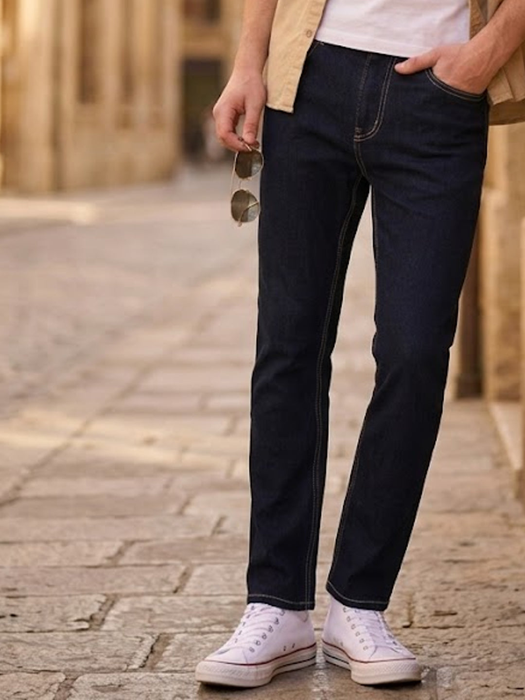 Men's Dark Blue Straight Fit Raw Washed Denim Jeans Stretchable