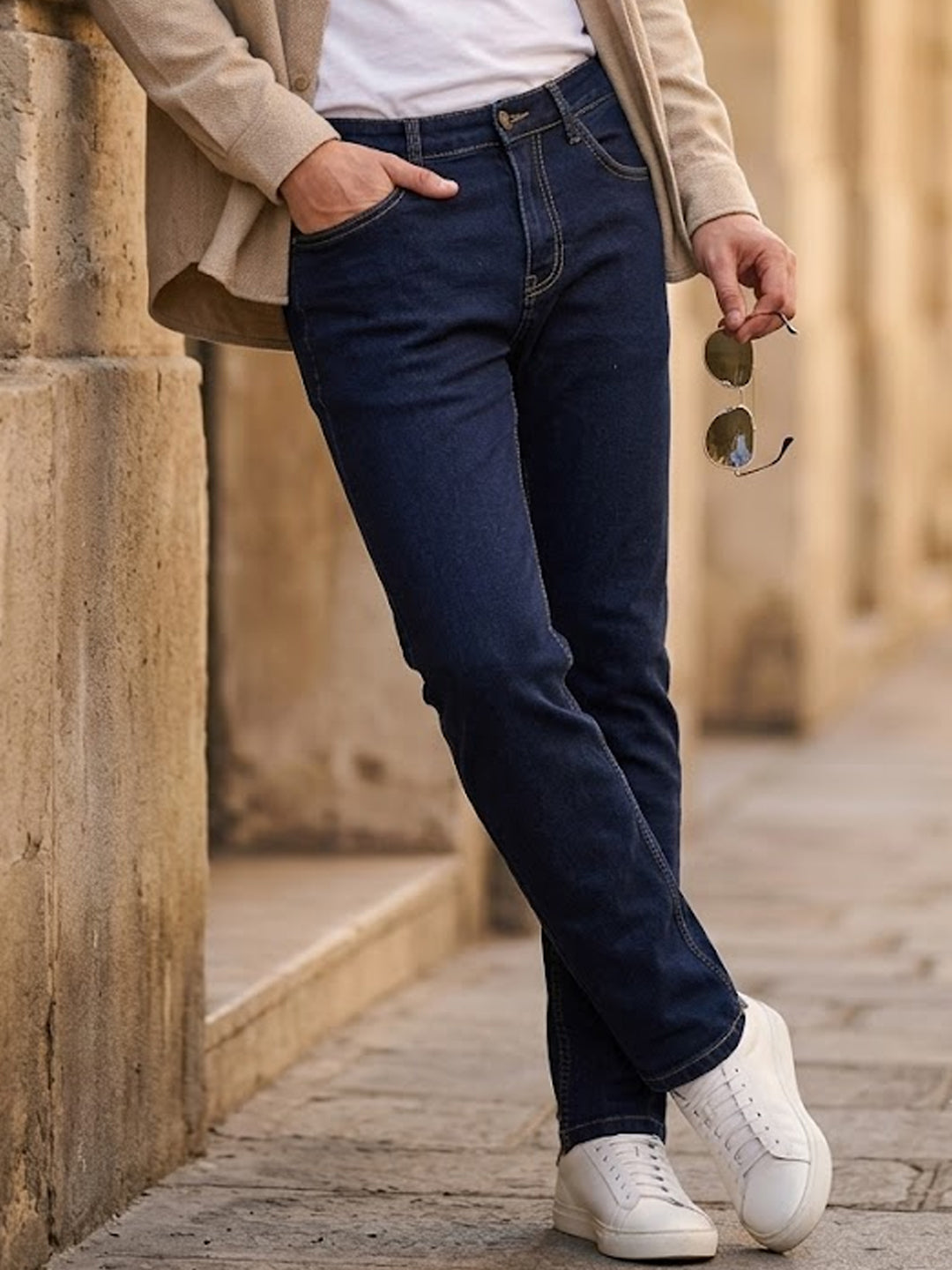 Men's Blue Straight Fit Raw Washed Denim Jeans Stretchable