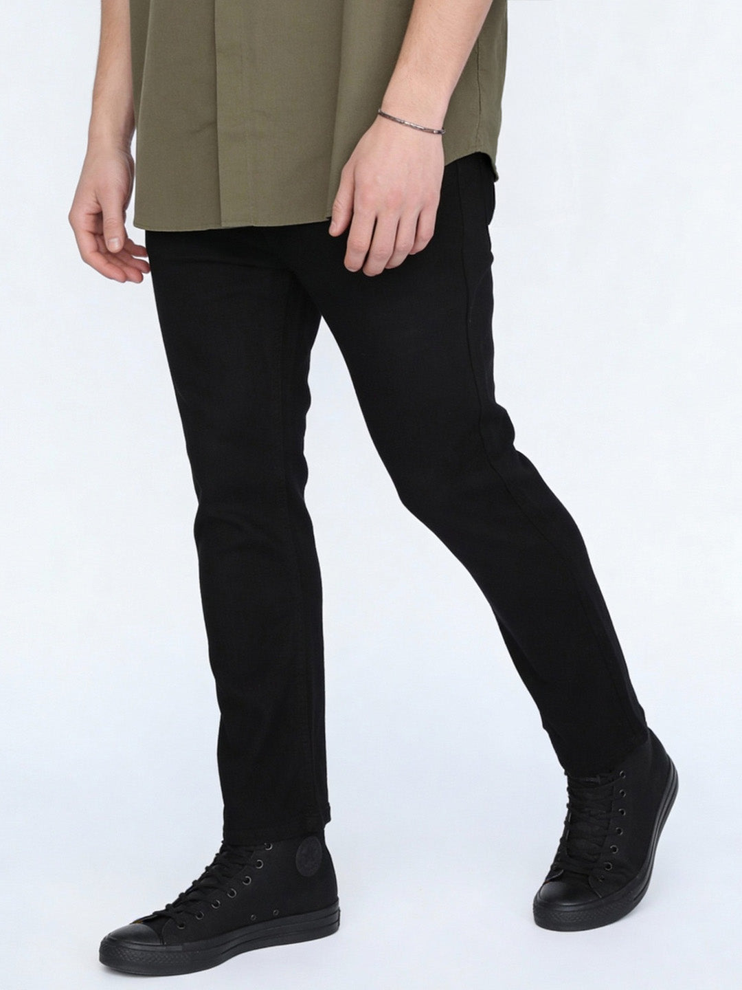 Men's Black Straight Fit Raw Washed Denim Jeans Stretchable