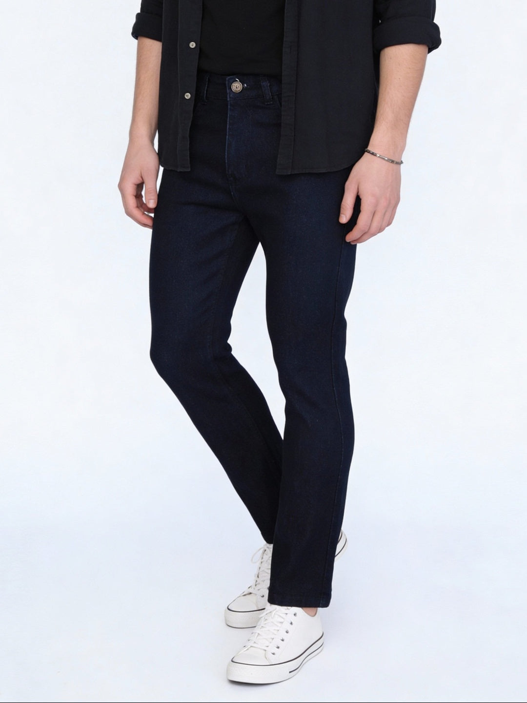 Men's Dark Blue Straight Fit Raw Washed Denim Jeans Stretchable