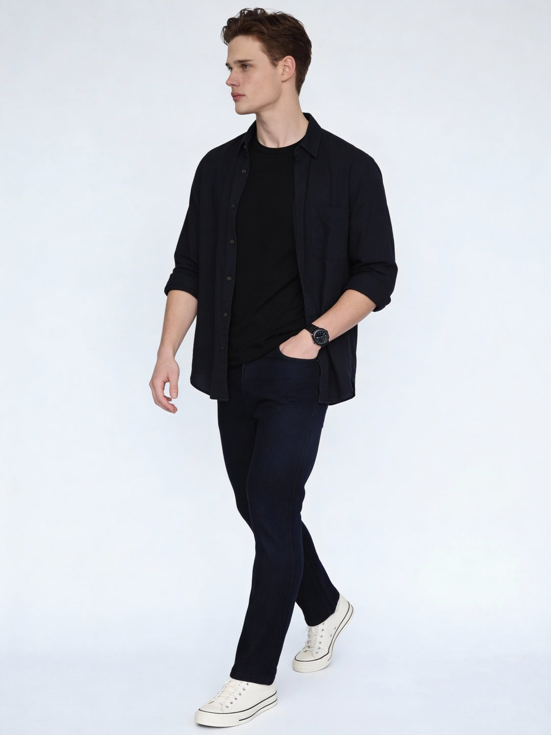 Men's Dark Blue Straight Fit Raw Washed Denim Jeans Stretchable