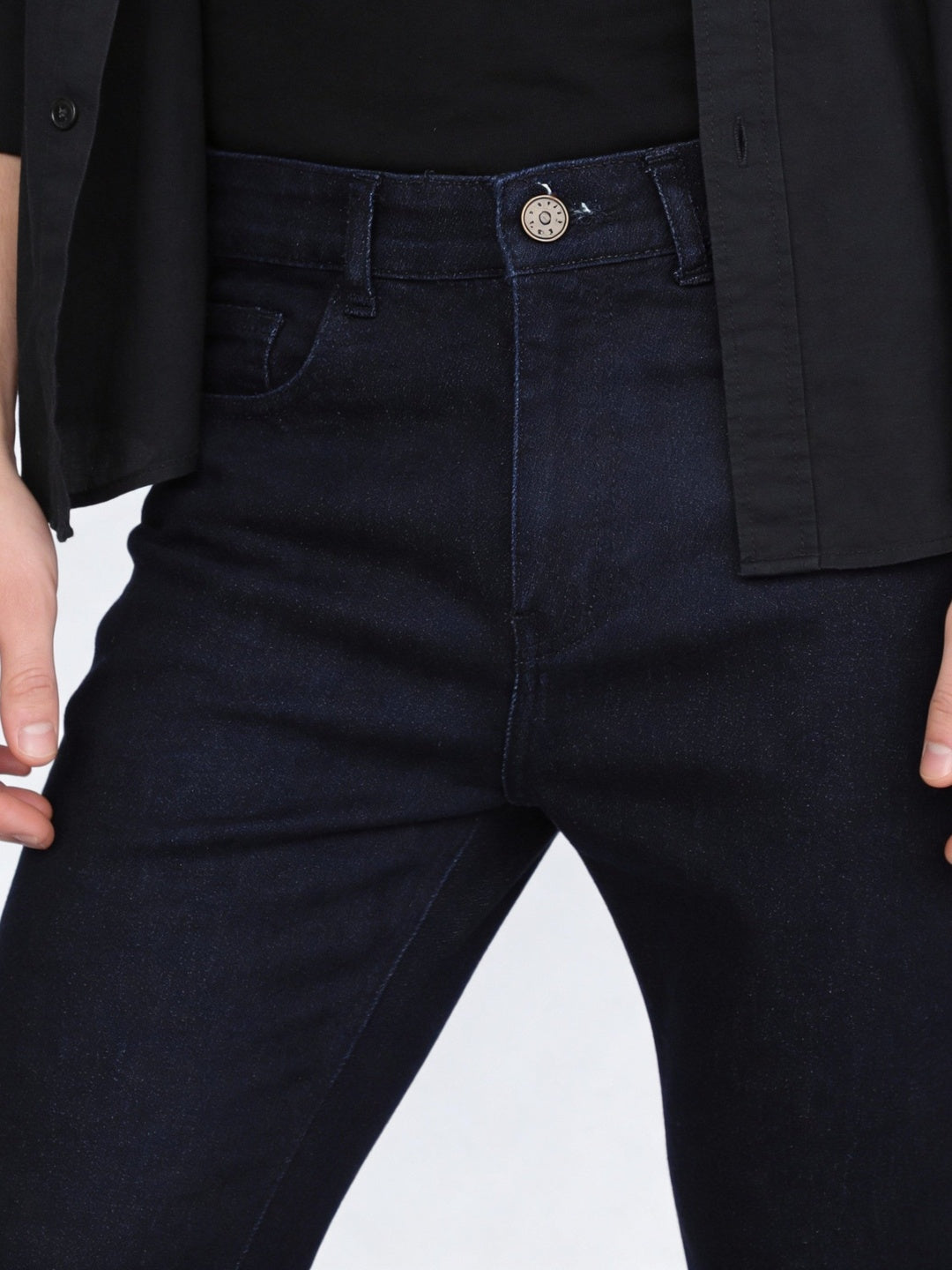 Men's Dark Blue Straight Fit Raw Washed Denim Jeans Stretchable