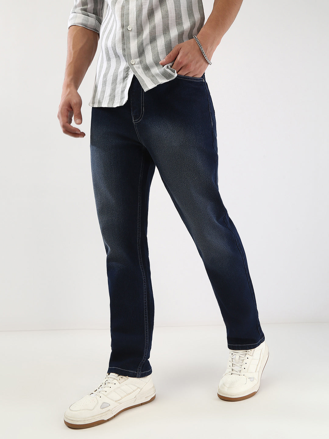 Men's Dark Blue Straight Fit Washed Jeans Stretchable