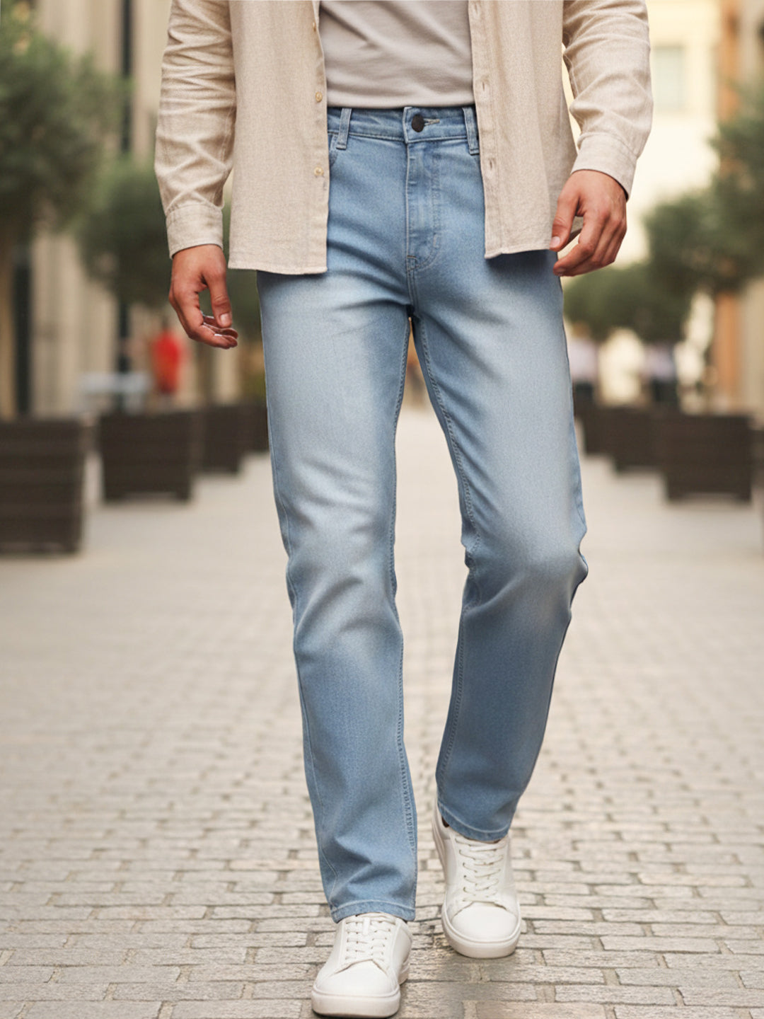 Men's Ice Blue Straight Fit Washed Jeans Stretchable