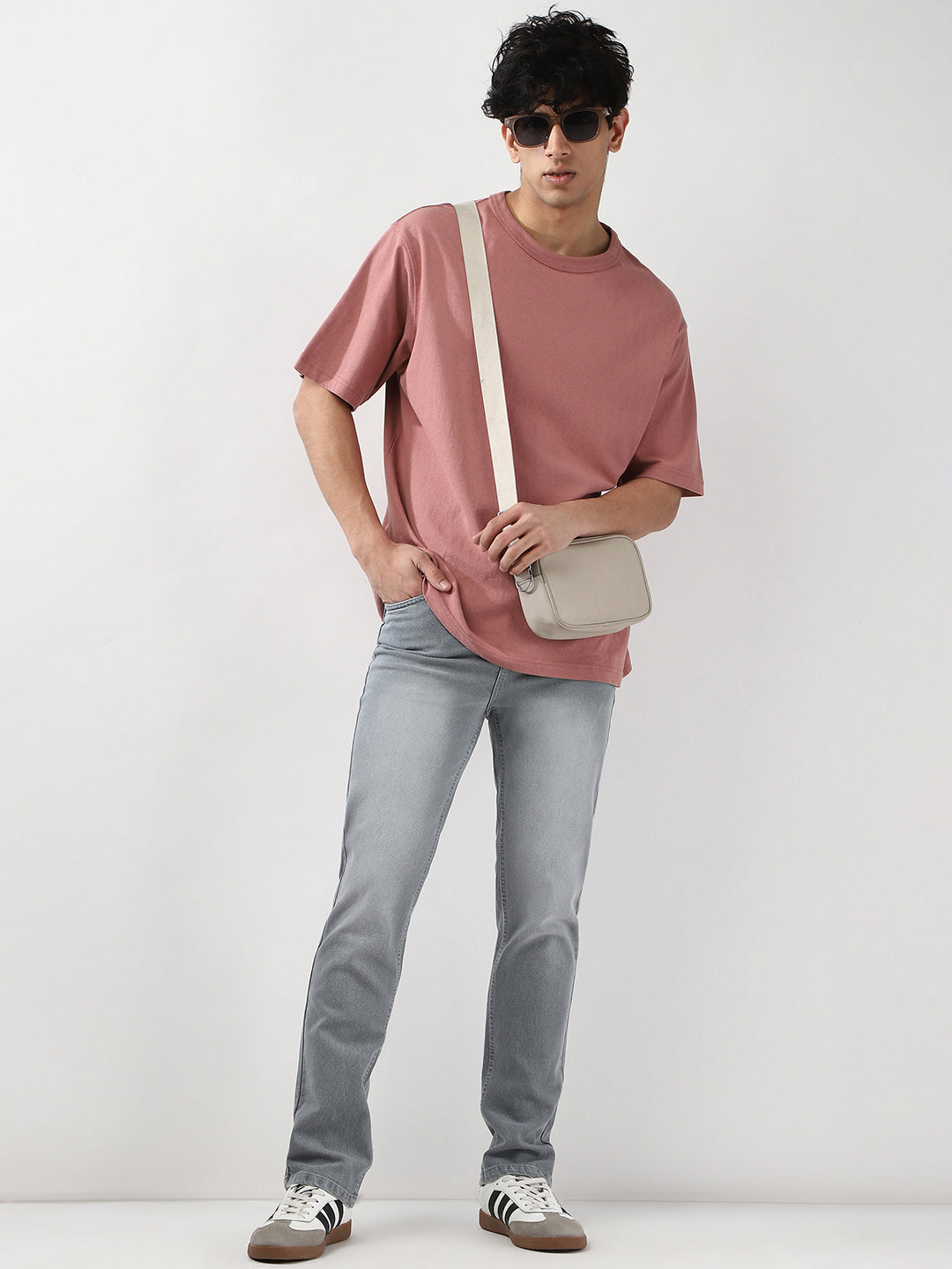 Men's Light Grey Straight Fit Washed Jeans Stretchable