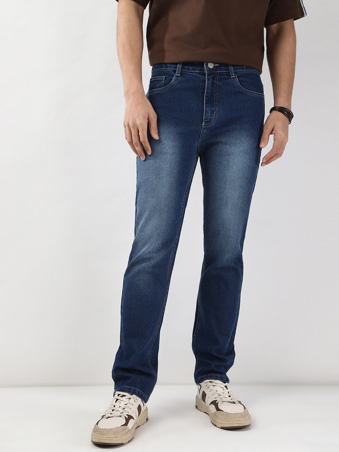 Men's Blue Straight Fit Washed Jeans Stretchable