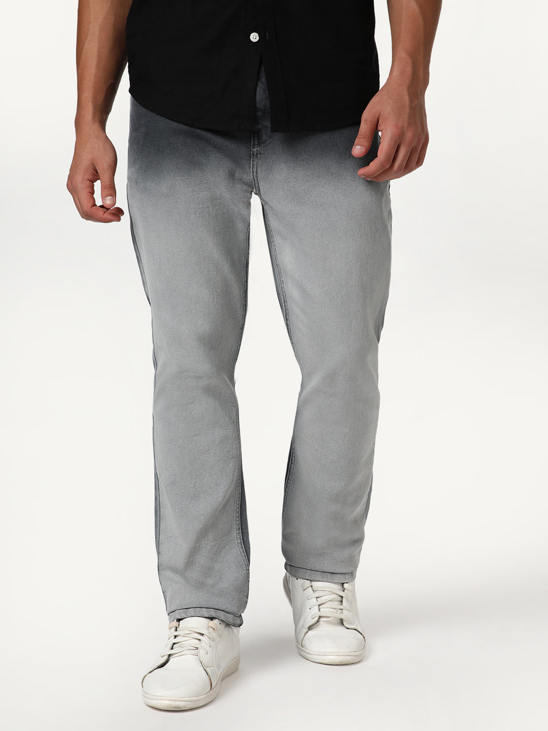 Men's Dark Grey Straight Fit Heavy Washed Faded Denim Jeans Stretchable