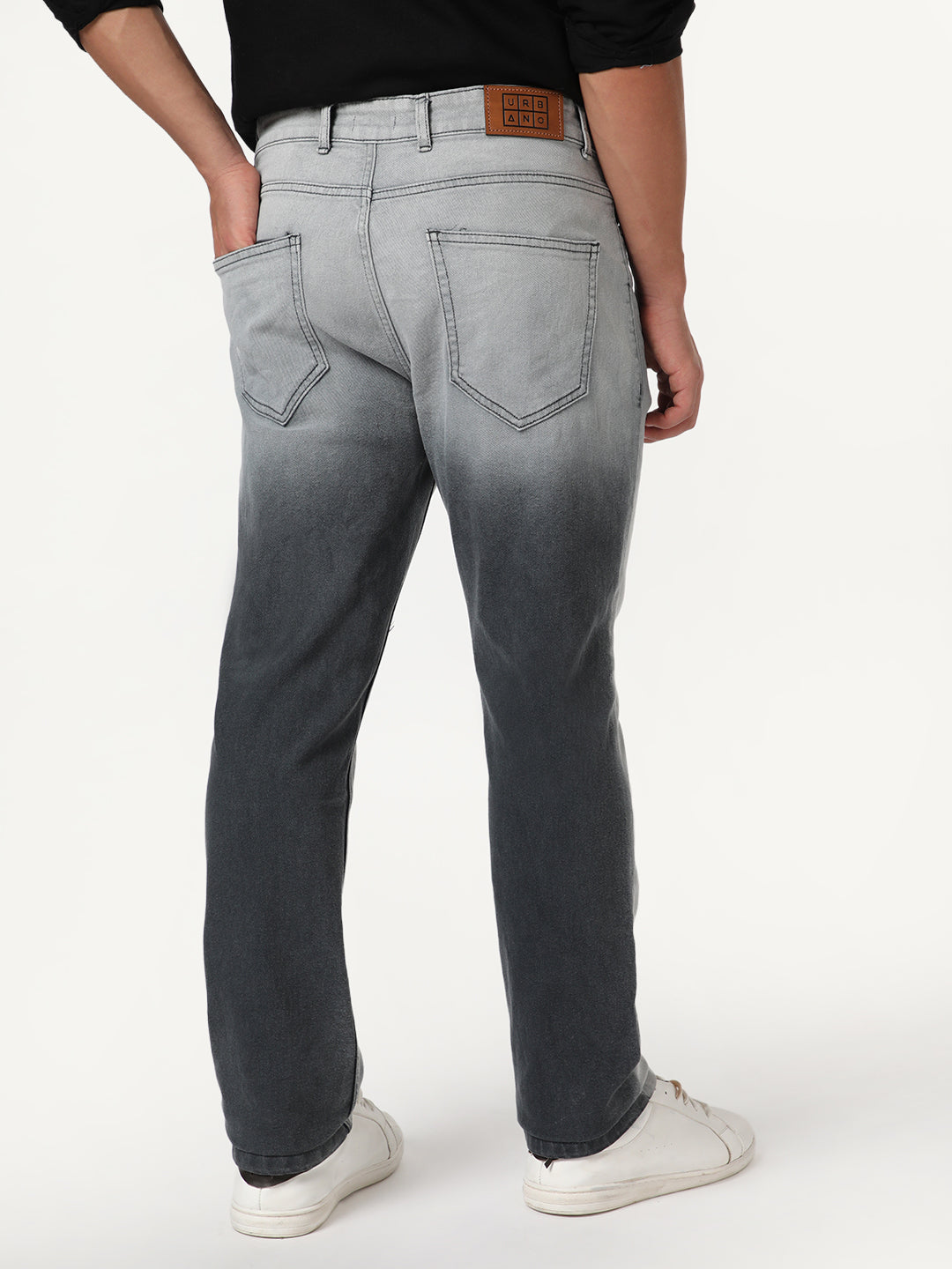 Men's Dark Grey Straight Fit Heavy Washed Faded Denim Jeans Stretchable