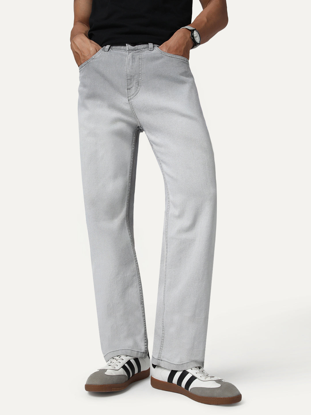Men's Ice Grey Straight Fit Heavy Washed Faded Denim Jeans Stretchable
