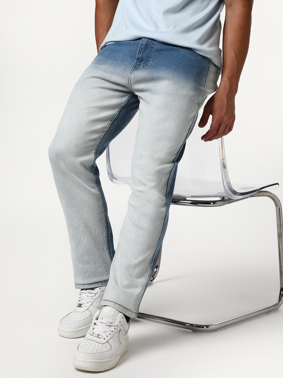 Men's Light Blue Straight Fit Heavy Washed Faded Denim Jeans Stretchable