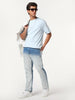 Men's Light Blue Straight Fit Heavy Washed Faded Denim Jeans Stretchable