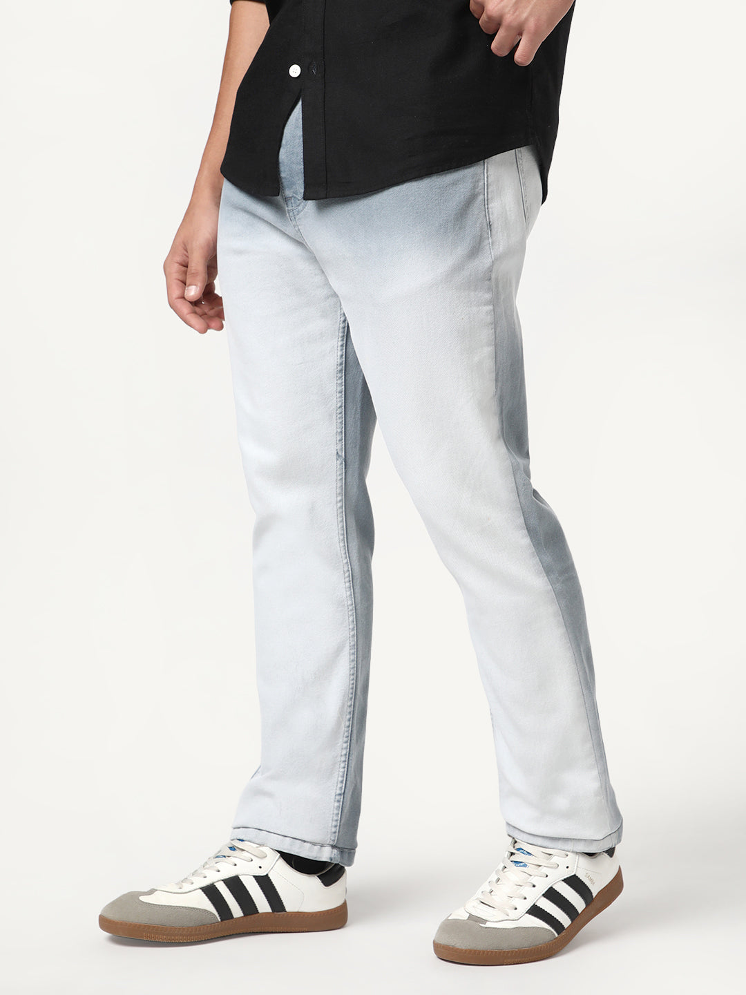 Men's Light Grey Straight Fit Heavy Washed Faded Denim Jeans Stretchable